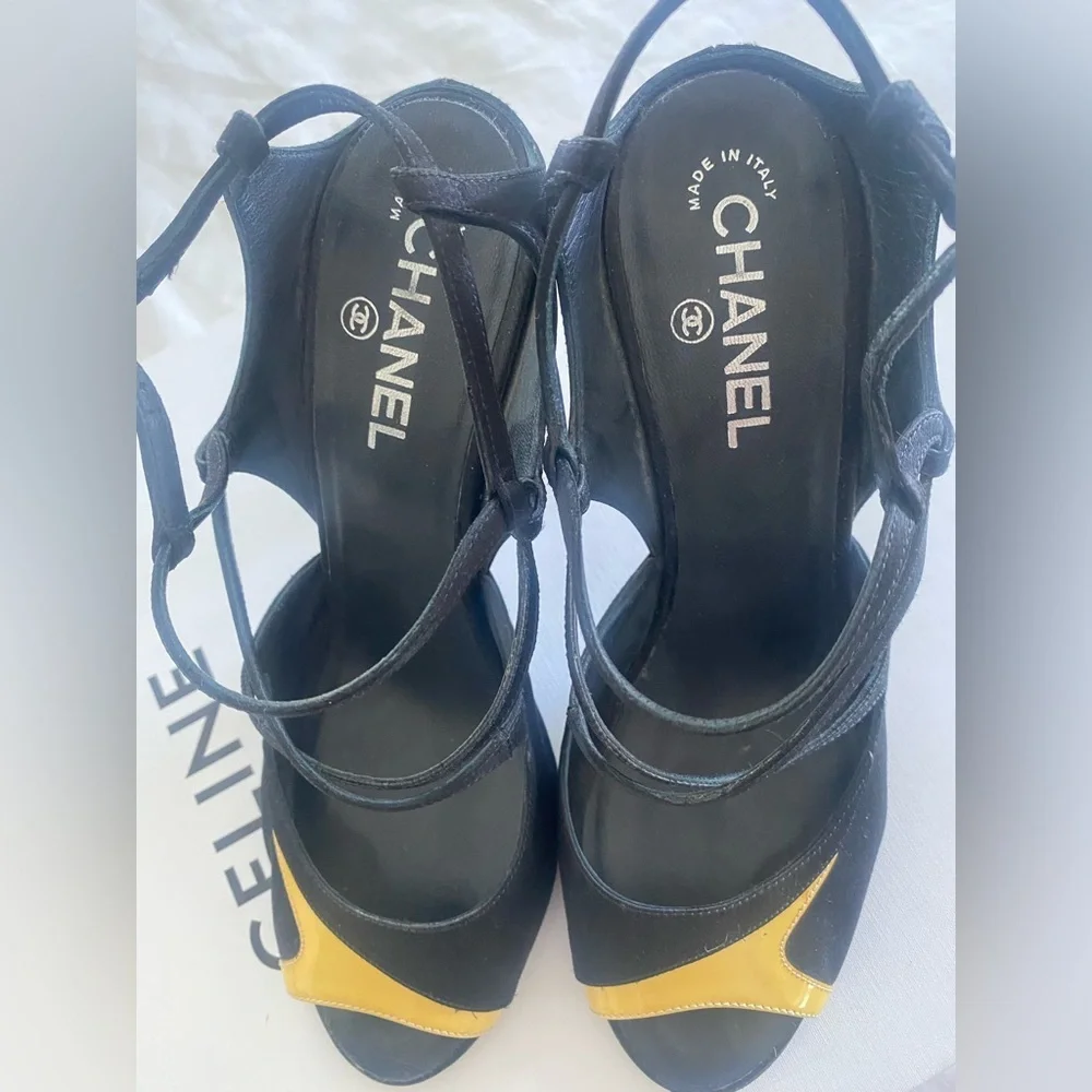 Authentic CHANEL Pearl Heel Strappy Sandals - Black & Yellow - Size 41